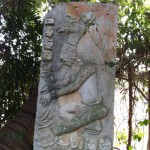 Myan stone art around the gated complex in playa del carmen